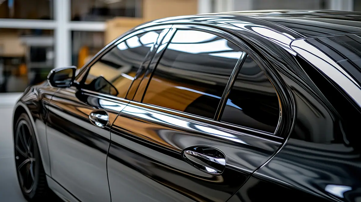 Sleek black car with fresh automotive window tint in a Denton, TX shop
